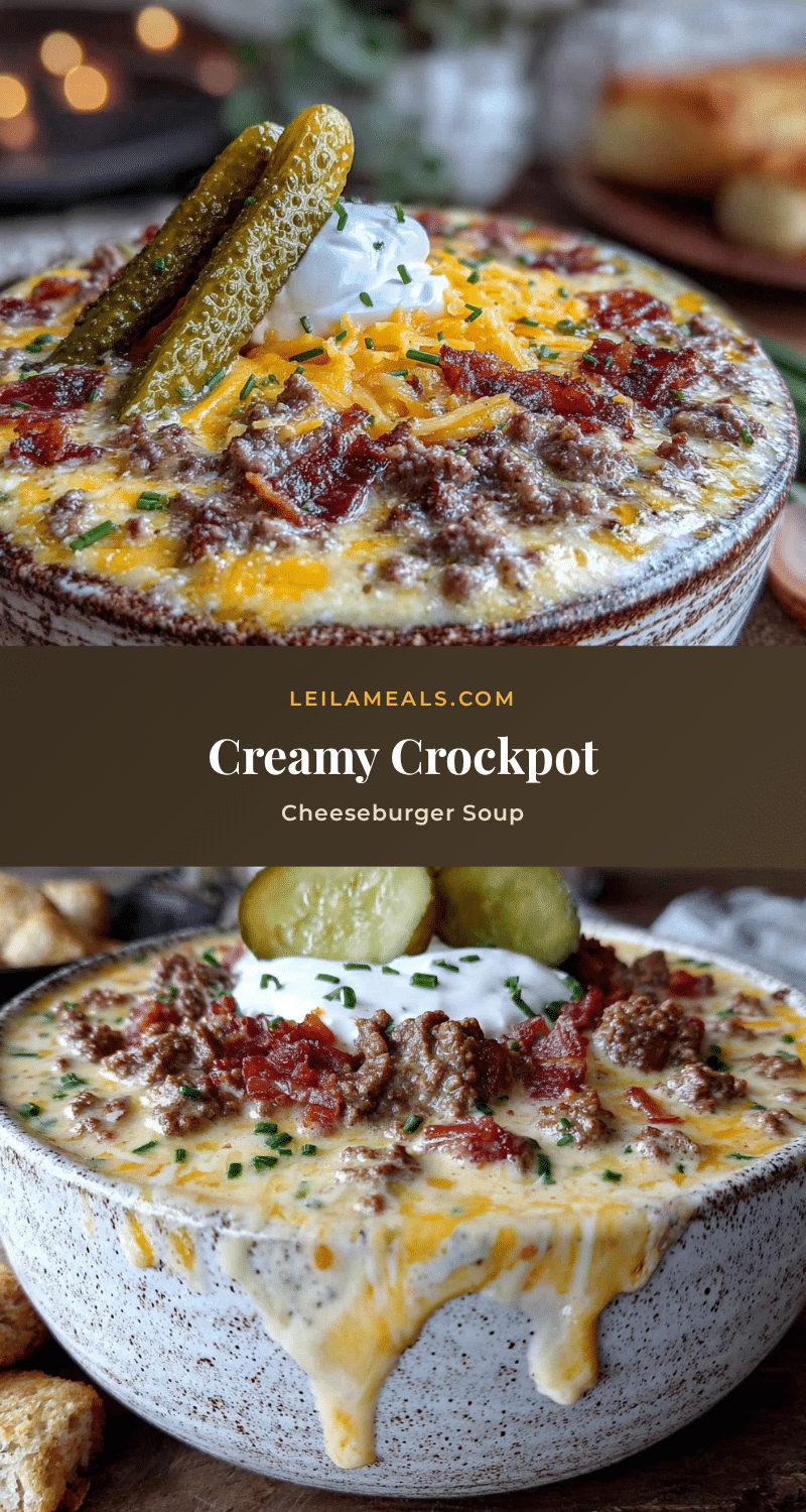 Creamy Crockpot Cheeseburger Soup with Pickles recipe